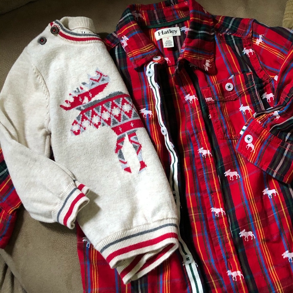 2pc. Hatley Boys Moose sweater and plaid button up